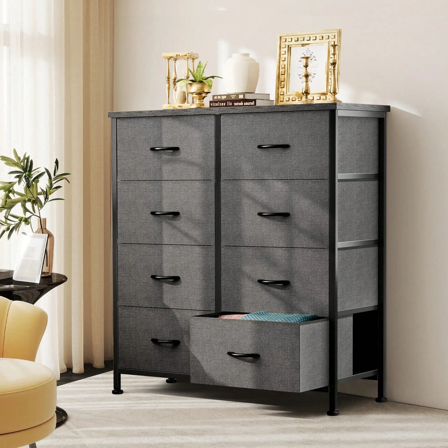 Dresser For Bedroom, Dressers & Chests Of Drawers Dresser Organizer, Wood Top Table Furniture With 8 Fabric Storage Tower