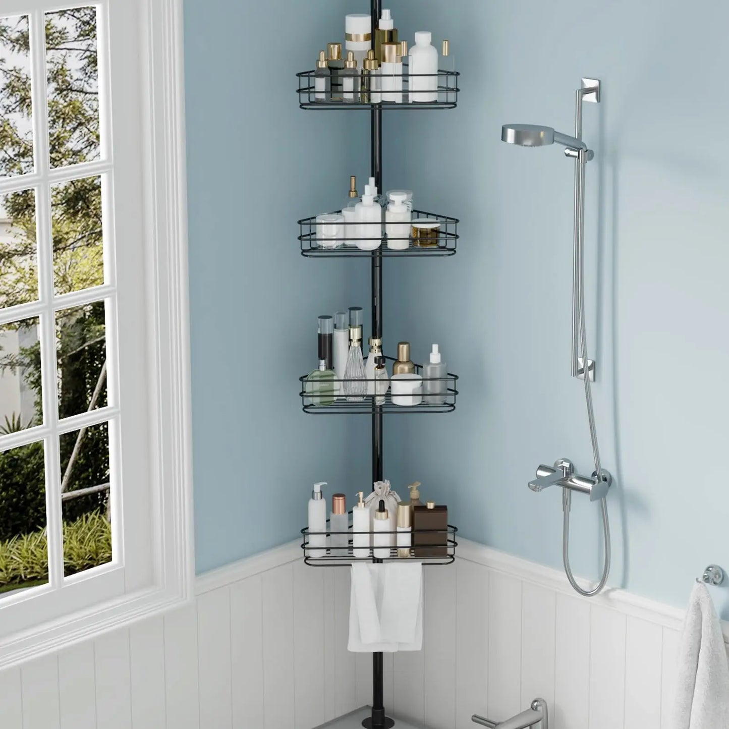 76 in-110 in Adjustable Bathroom Organizer Shelves, 4-Tier Bathroom Shelves with Built-In Towel Bars to Space-Saving, Black