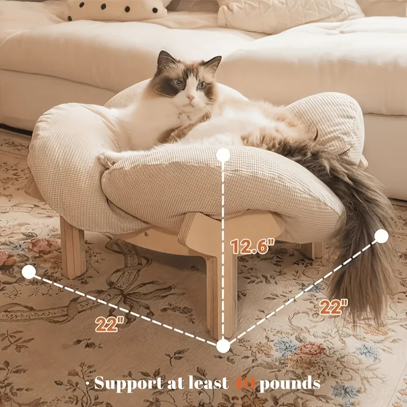 Three-Color Wooden High Leg Cat Bed With Soft Cushion