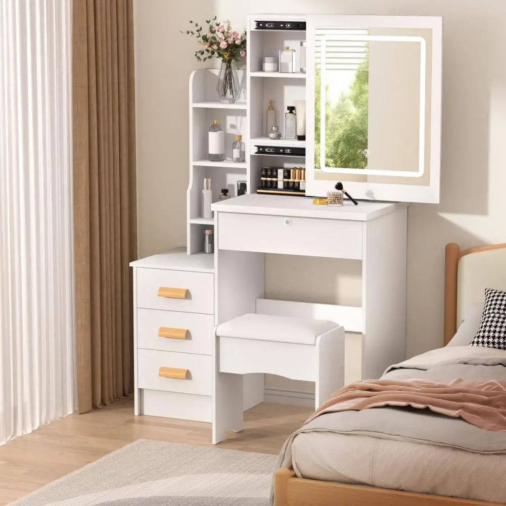 Vanity Desk with Sliding Mirror and Lights, Bedroom Dressing Table, Makeup Table with Drawers & Shelves, Hidden Storage Space