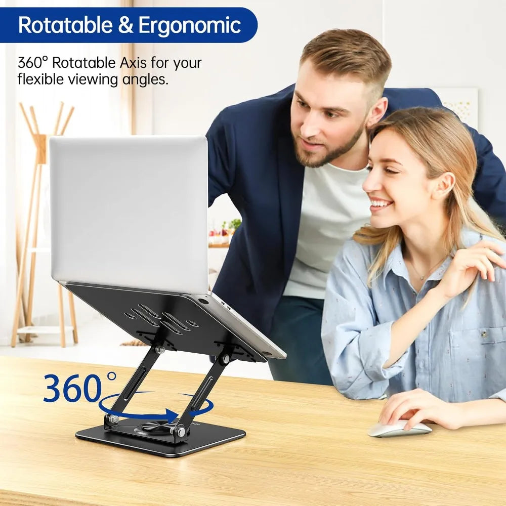 360° Rotating Laptop Stand, Ergonomic Adjustable Notebook Riser, Foldable Holder for 10-14" Laptops, Black