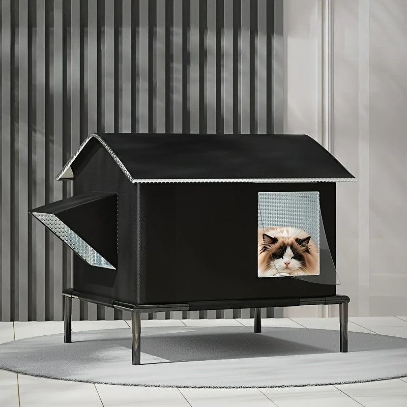 Weatherproof Outdoor Pet House with Safety Fence | Heavy-Duty Oxford Cloth Shelter for Cats & Small Dogs | All-Season Windproof