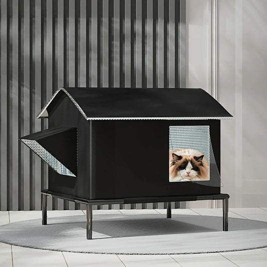 Weatherproof Outdoor Pet House with Safety Fence | Heavy-Duty Oxford Cloth Shelter for Cats & Small Dogs | All-Season Windproof