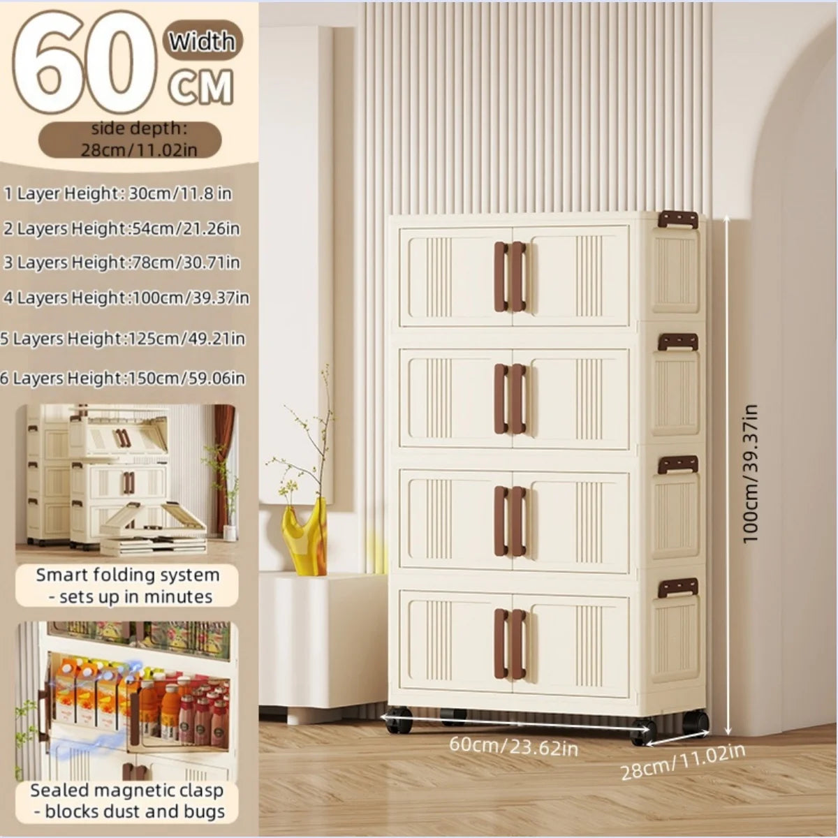 Foldable storage cabinet - movable multi-level double-door storage cabinet - living room and kitchen transparent storage box