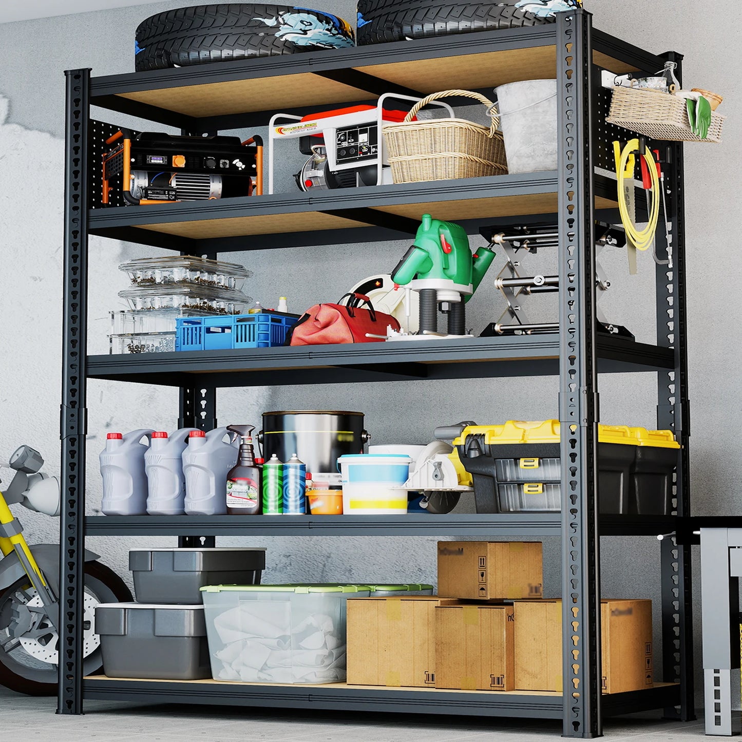 Heavy-Duty 5-Tier Adjustable Metal Shelving Unit with Pegboard Panel System - Capacity Suitable for Basement, Garage, Warehouse