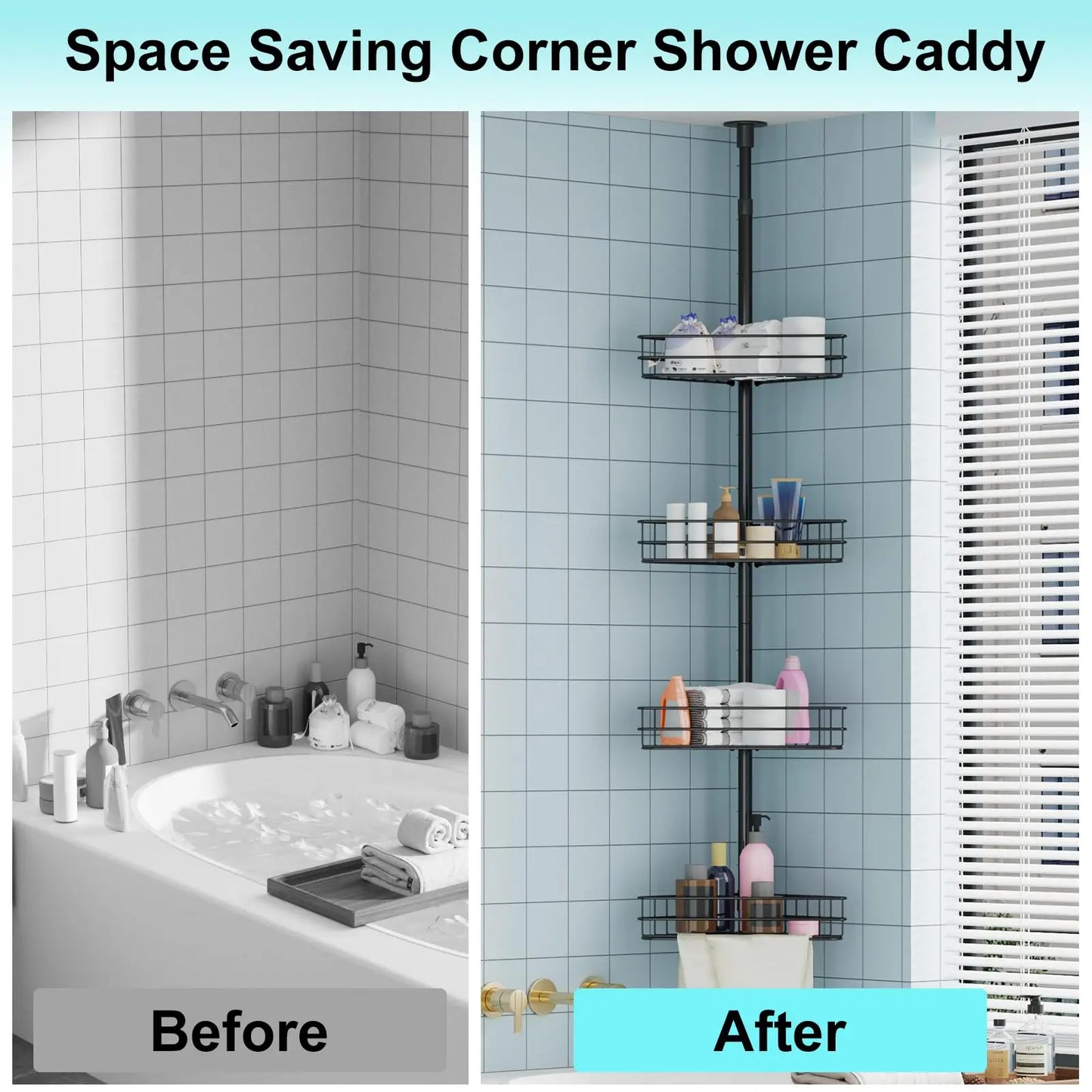 76 in-110 in Adjustable Bathroom Organizer Shelves, 4-Tier Bathroom Shelves with Built-In Towel Bars to Space-Saving, Black