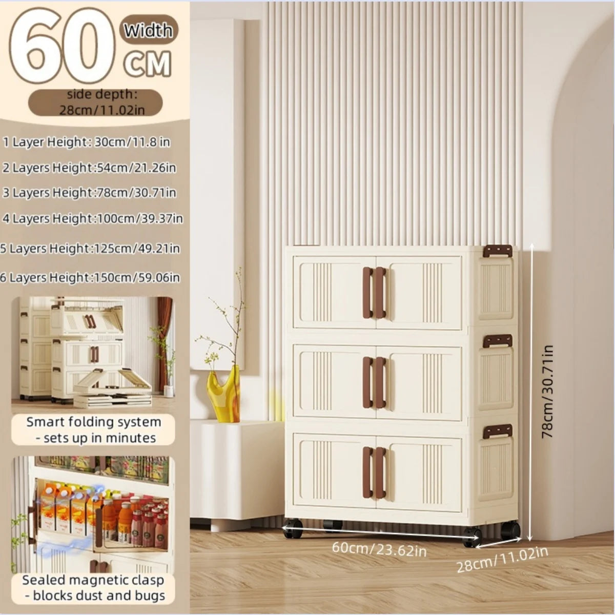 Foldable storage cabinet - movable multi-level double-door storage cabinet - living room and kitchen transparent storage box