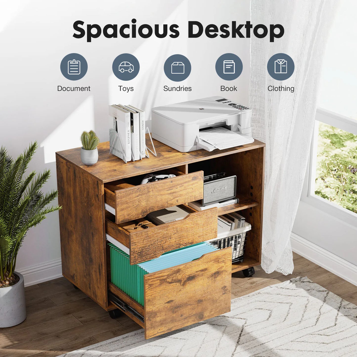 MCQ Living Room 3 Drawers Wooden Mobile Cabinet Chest Dressers Nightstand Storage Cabinet Organizer Rolling Display Furniture