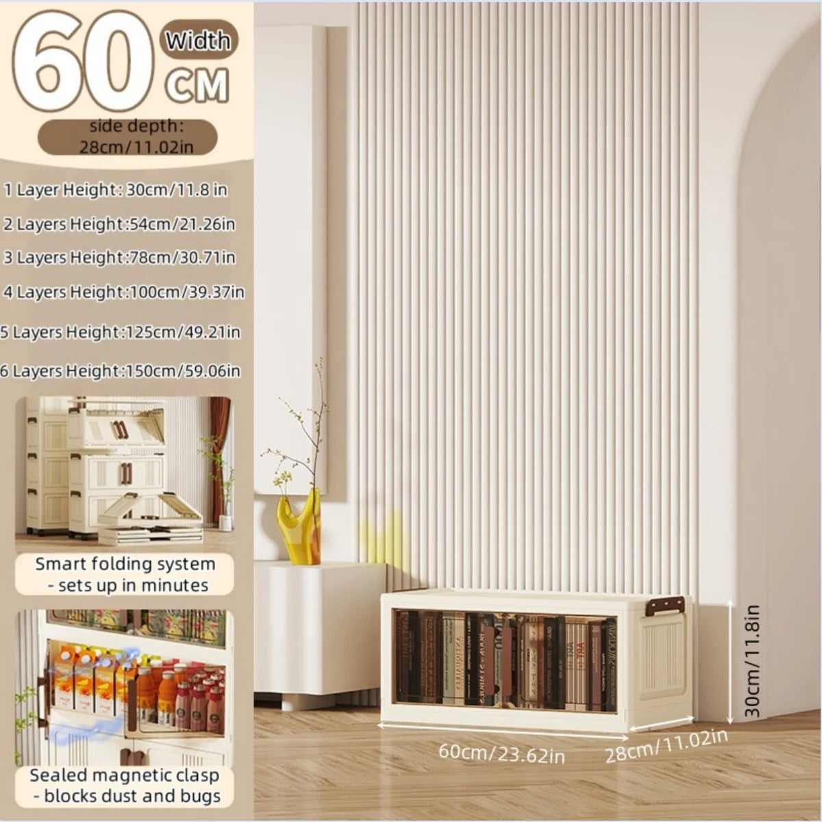 Foldable storage cabinet - movable multi-level double-door storage cabinet - living room and kitchen transparent storage box