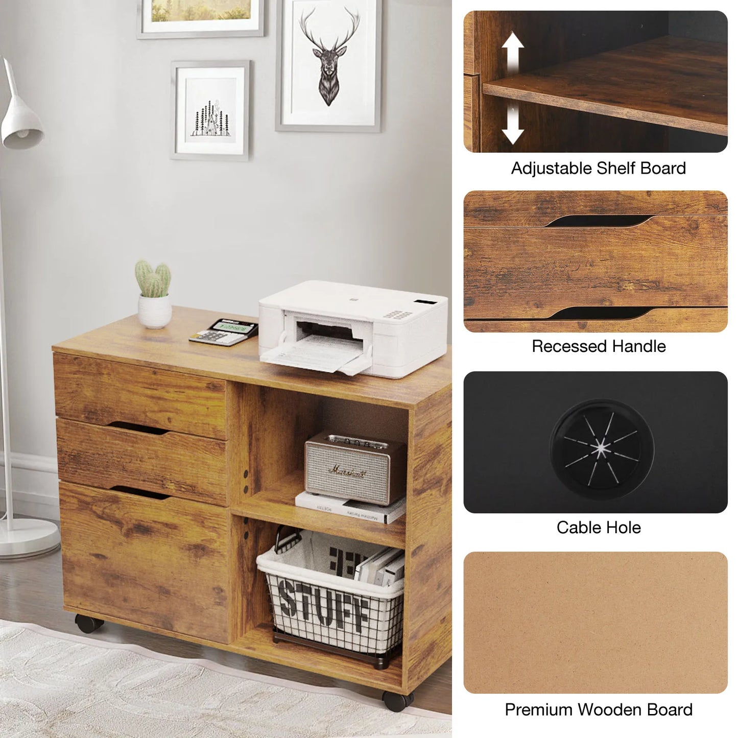 MCQ Living Room 3 Drawers Wooden Mobile Cabinet Chest Dressers Nightstand Storage Cabinet Organizer Rolling Display Furniture