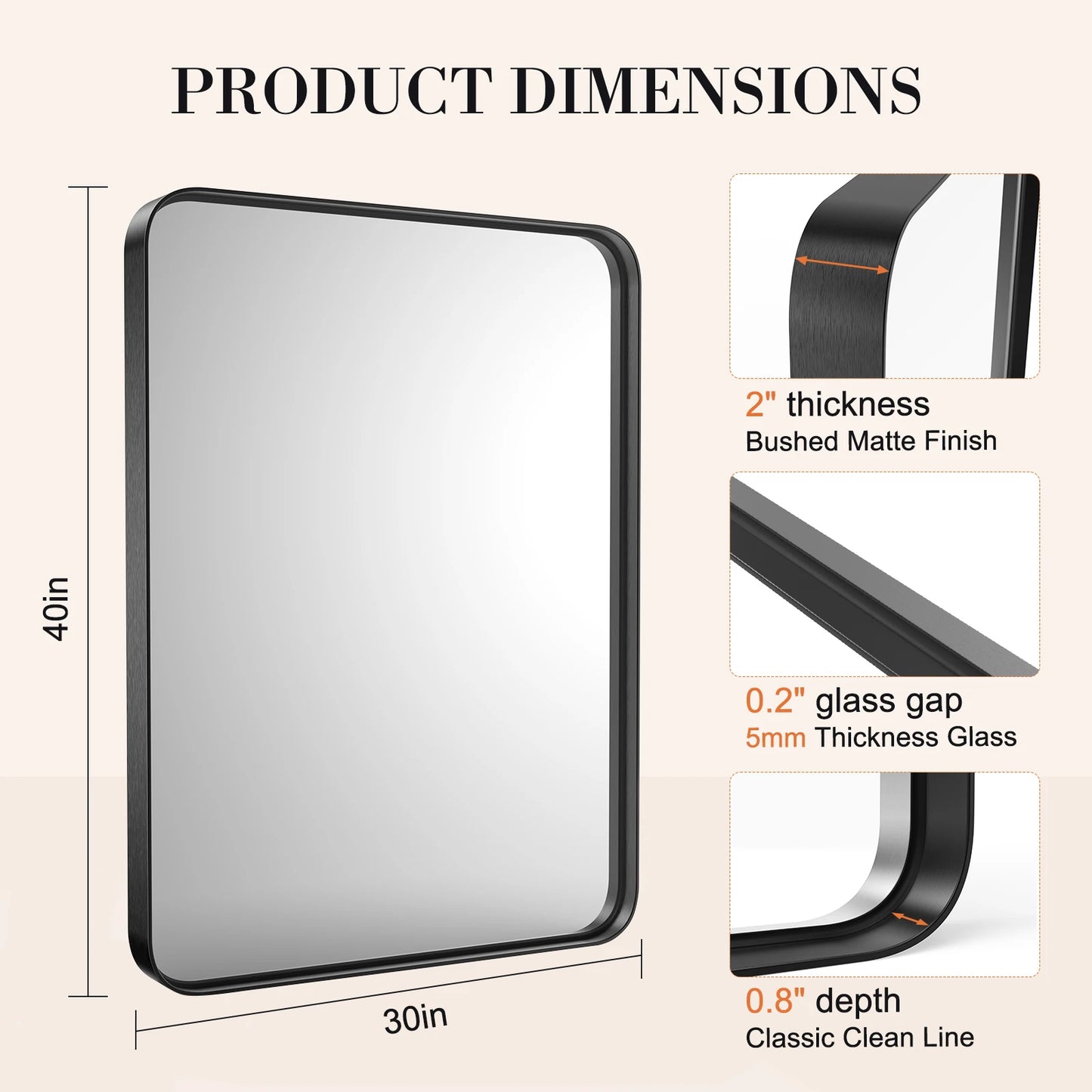 JHK Matte Metal Framed Bathroom Mirror for Wall,Vanity Rectangle Rounded Corner Tempered Glass Mirror,Clear Reflection,Modern