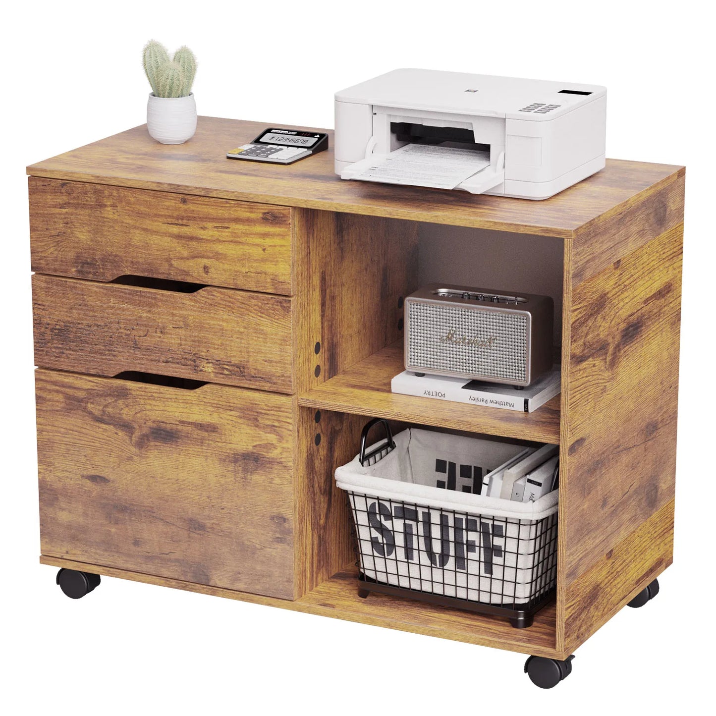 MCQ Living Room 3 Drawers Wooden Mobile Cabinet Chest Dressers Nightstand Storage Cabinet Organizer Rolling Display Furniture