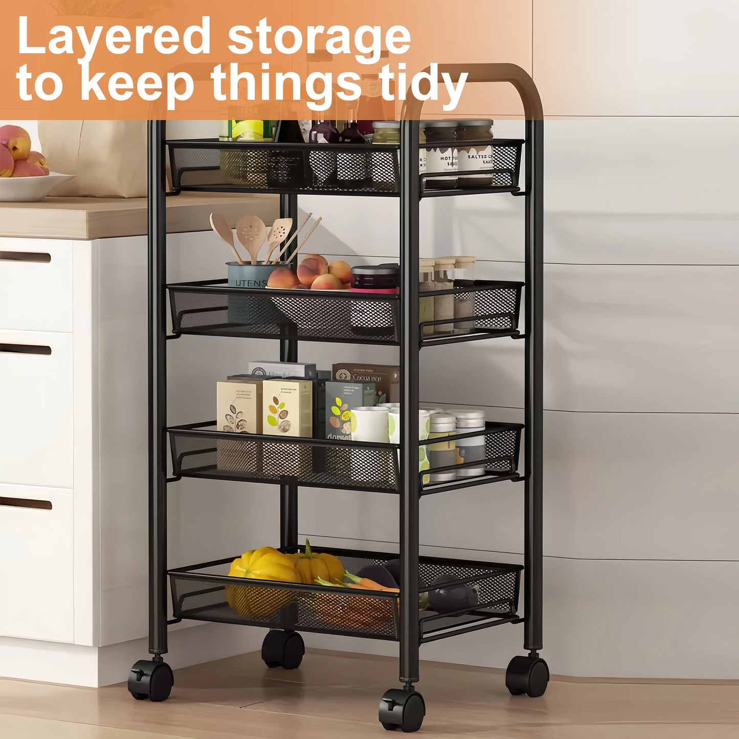 Cart With Drain Basket, Mobile Shelving Unit Rolling Utility Cart, Rolling Cart, Rolling Pantry Organizers, Kitchen Organizer,