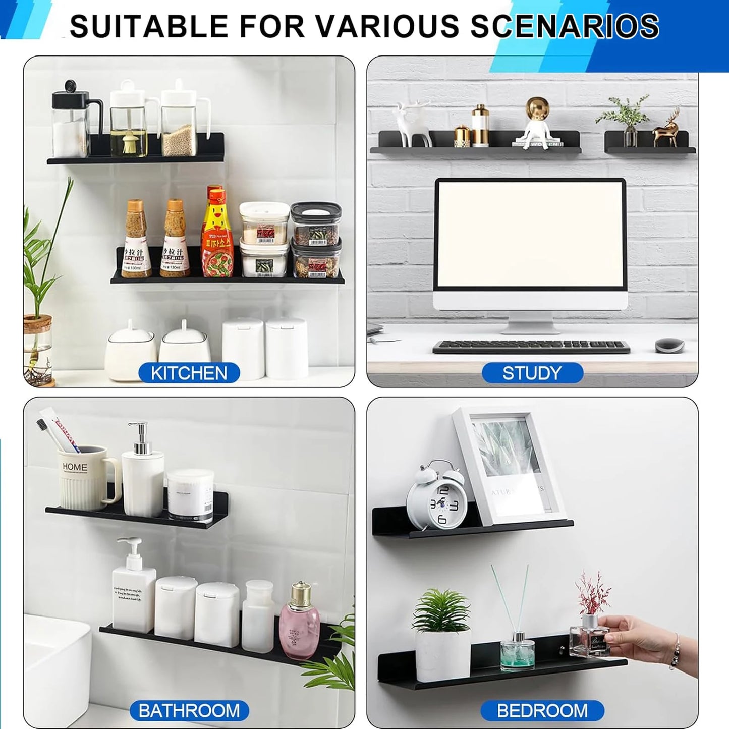 No Drilling Bedroom Decoration Wall Shelves Bathroom Study Living Room Metal Floating Shelves Single-Layer Storage Plants Books