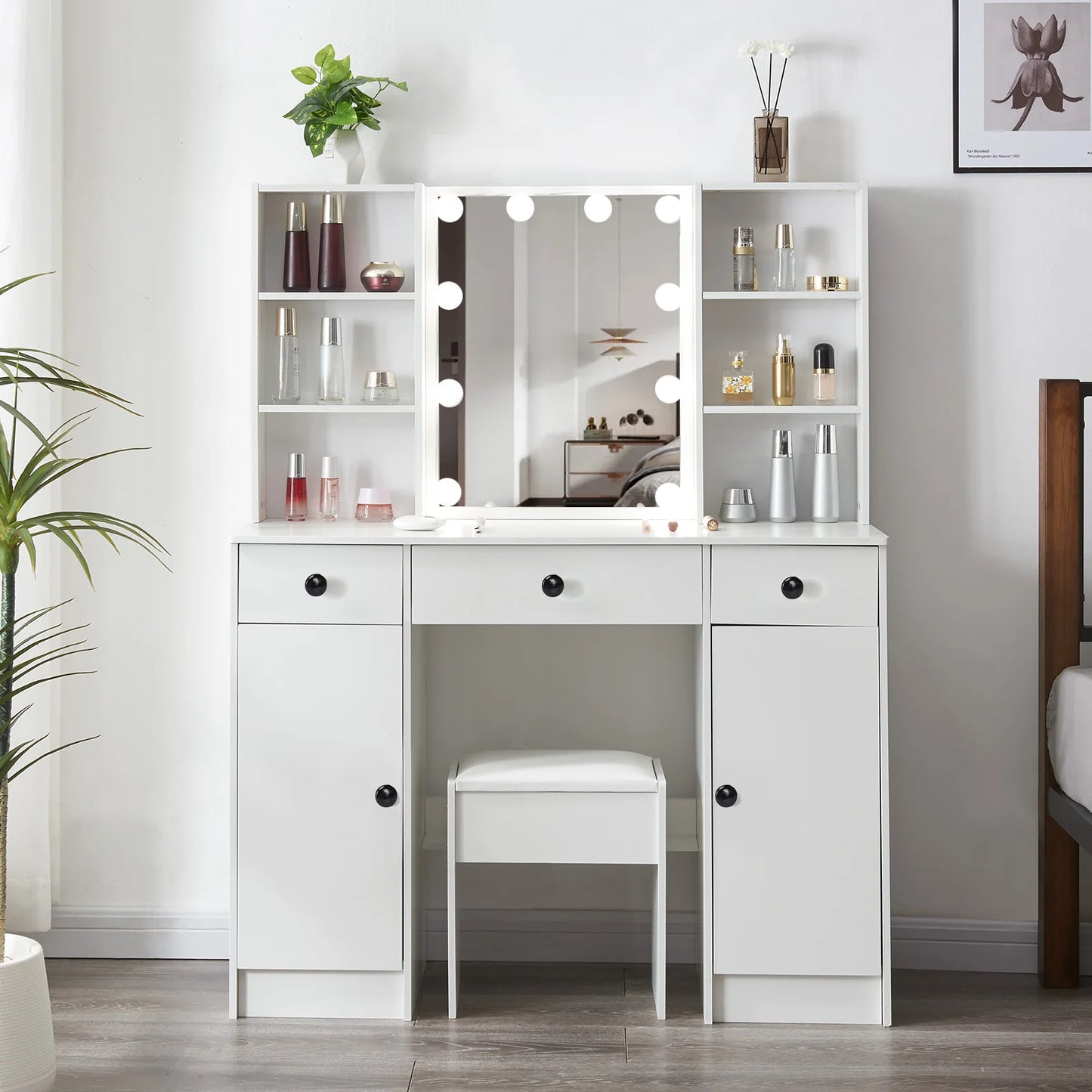 Modern LED Vanity Table Set with Mirror & Stool 3 Color Dimmable Makeup Cabinet 3 Drawer Storage Dresser Desk for Bedroom