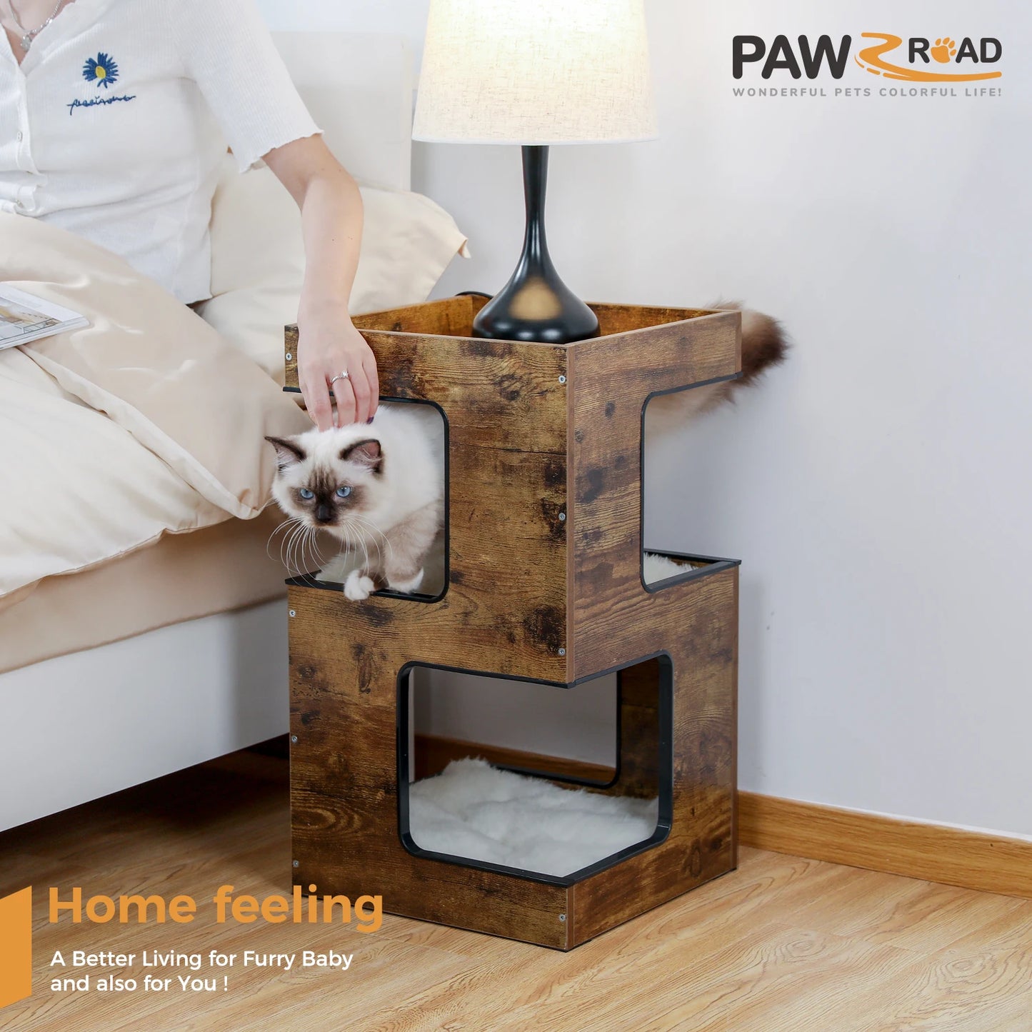 PAWZ Road Wood Cat Condo House Bed With Scratching Pad