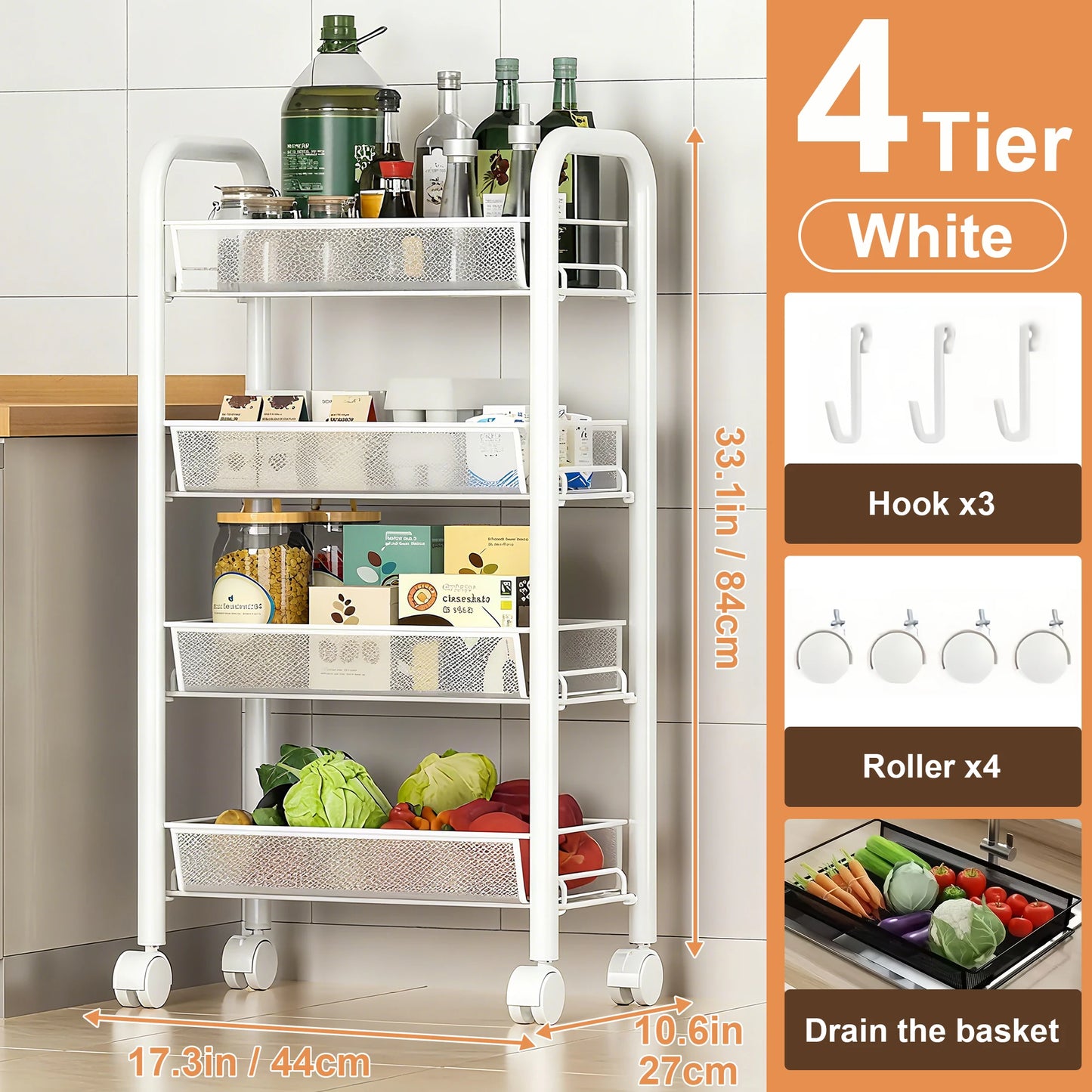 Cart With Drain Basket, Mobile Shelving Unit Rolling Utility Cart, Rolling Cart, Rolling Pantry Organizers, Kitchen Organizer,