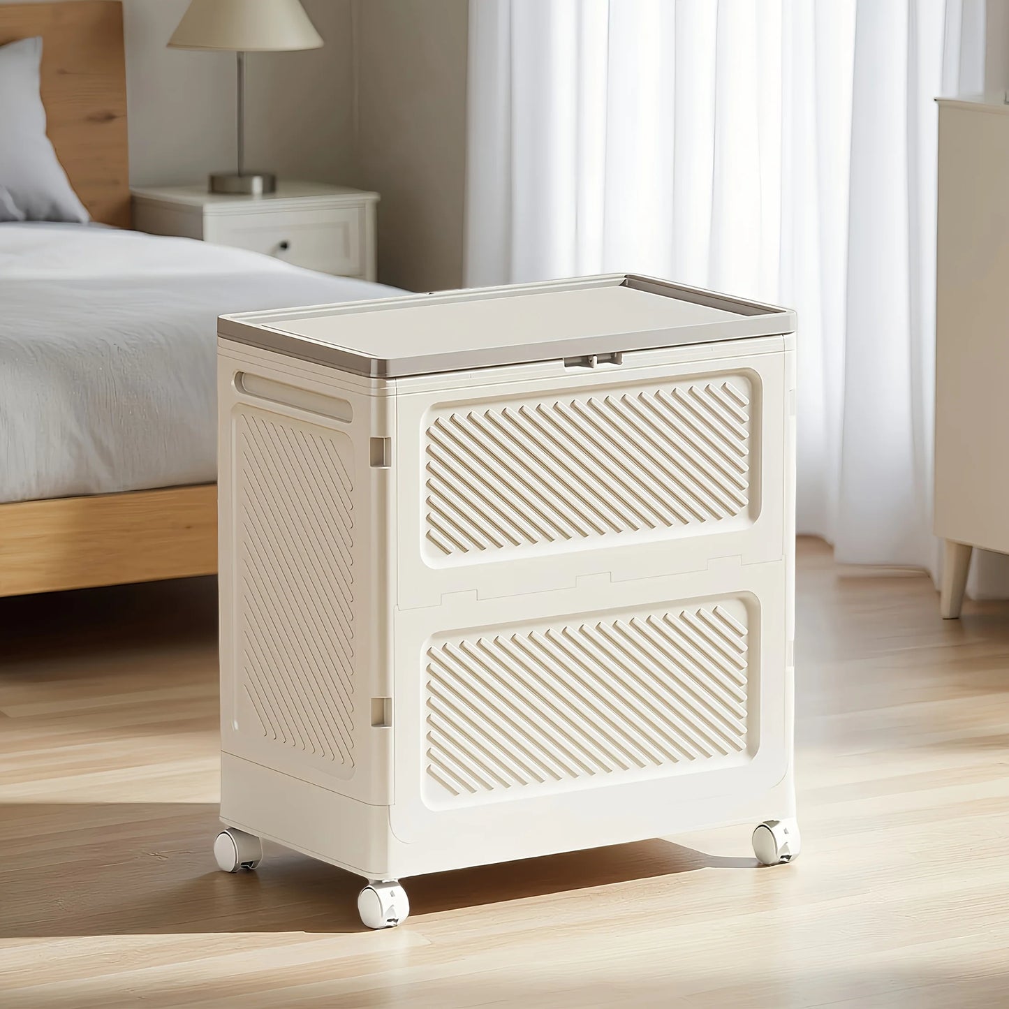 White Foldable Storage Bin with Wheels, Large Capacity Stackable Storage Box with Lid for Clothes, Toys, Blankets