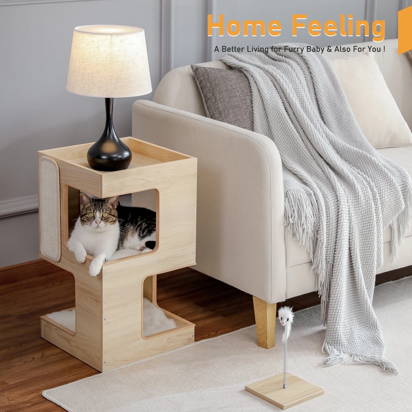 PAWZ Road Wood Cat Condo House Bed With Scratching Pad