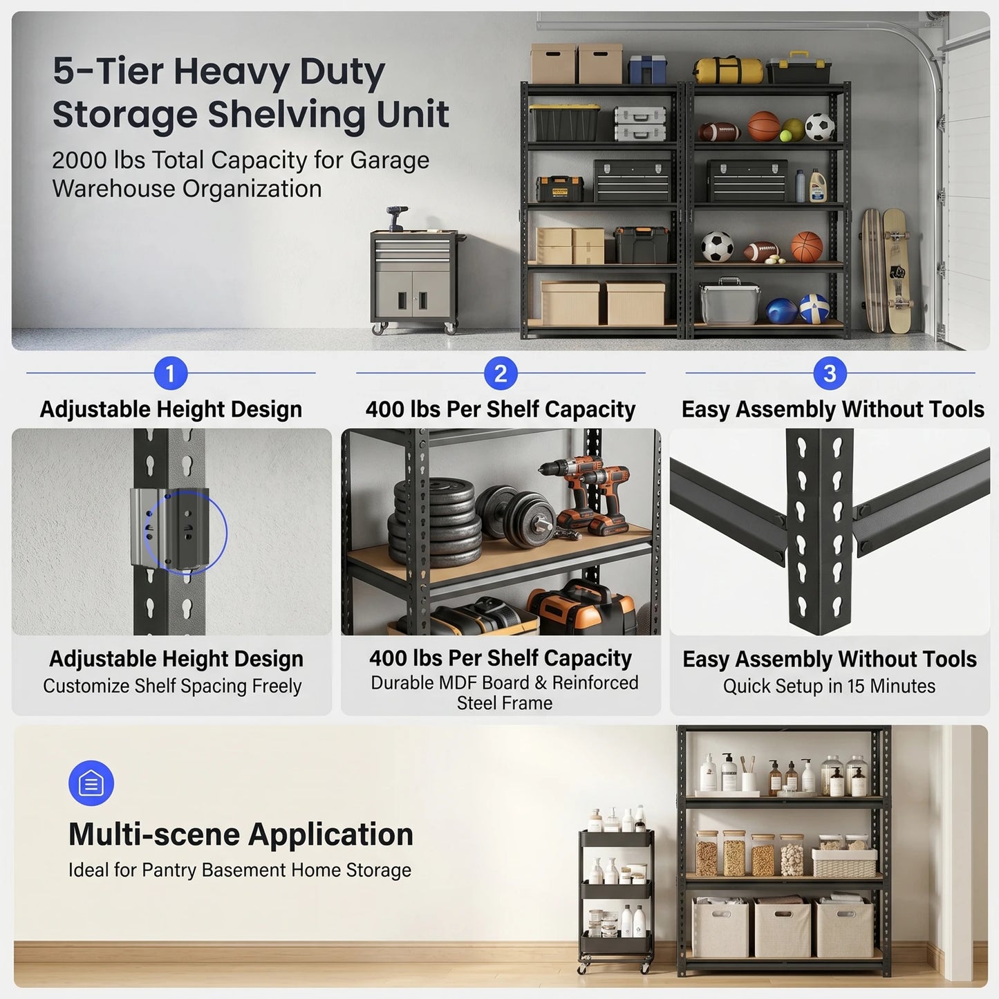 Heavy-Duty Industrial Metal Storage Shelves 72"H, Adjustable Height Shelving Unit Suitable for Garage, Warehouse, Kitchen, Basement - Easy No-Bolt Assembly, Kitchen Closet Tool Storage And Organization, Utility Shelves, Local