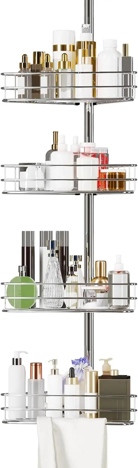 76 in-110 in Adjustable Bathroom Organizer Shelves, 4-Tier Bathroom Shelves with Built-In Towel Bars to Space-Saving, Black