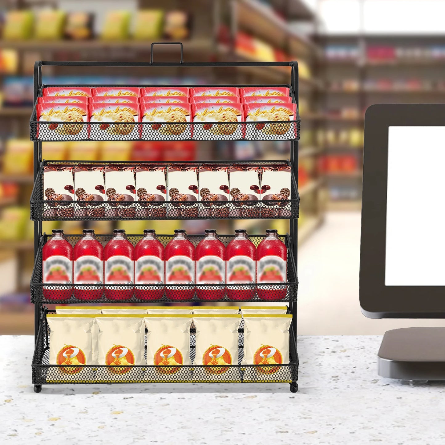 Mutifunctional Storage Basket 4Tiers Retail Candy Display Rack,Counter Groceries Display Shelf for Stores Office