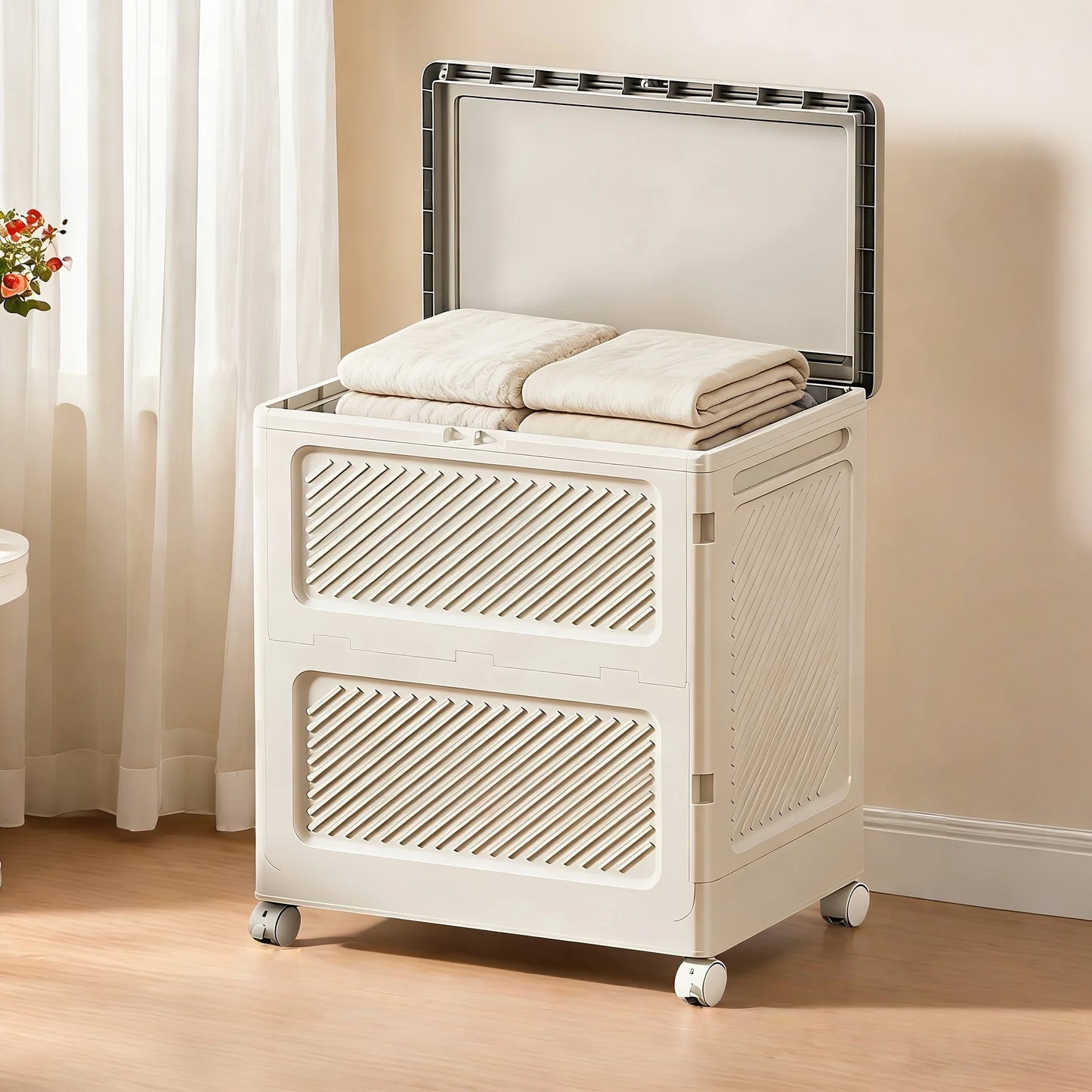 White Foldable Storage Bin with Wheels, Large Capacity Stackable Storage Box with Lid for Clothes, Toys, Blankets