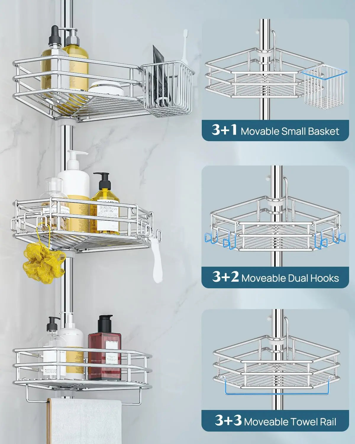 Corner Shower Caddy Tension Pole, Quick Setup Rust-Free Organizer for Bathroom Shampoo Storage, 4-Tier Adjustable Shelf Drill