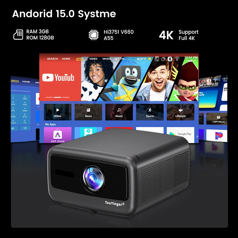 Touyinger Q13W 3800ANSI Full HD 4K Decoder Android 15 Support MEMC Smart TV Home Theater Fully Sealed Optical Projector