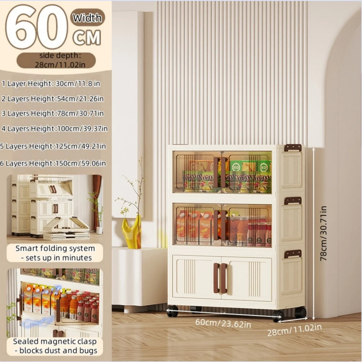 Foldable storage cabinet - movable multi-level double-door storage cabinet - living room and kitchen transparent storage box