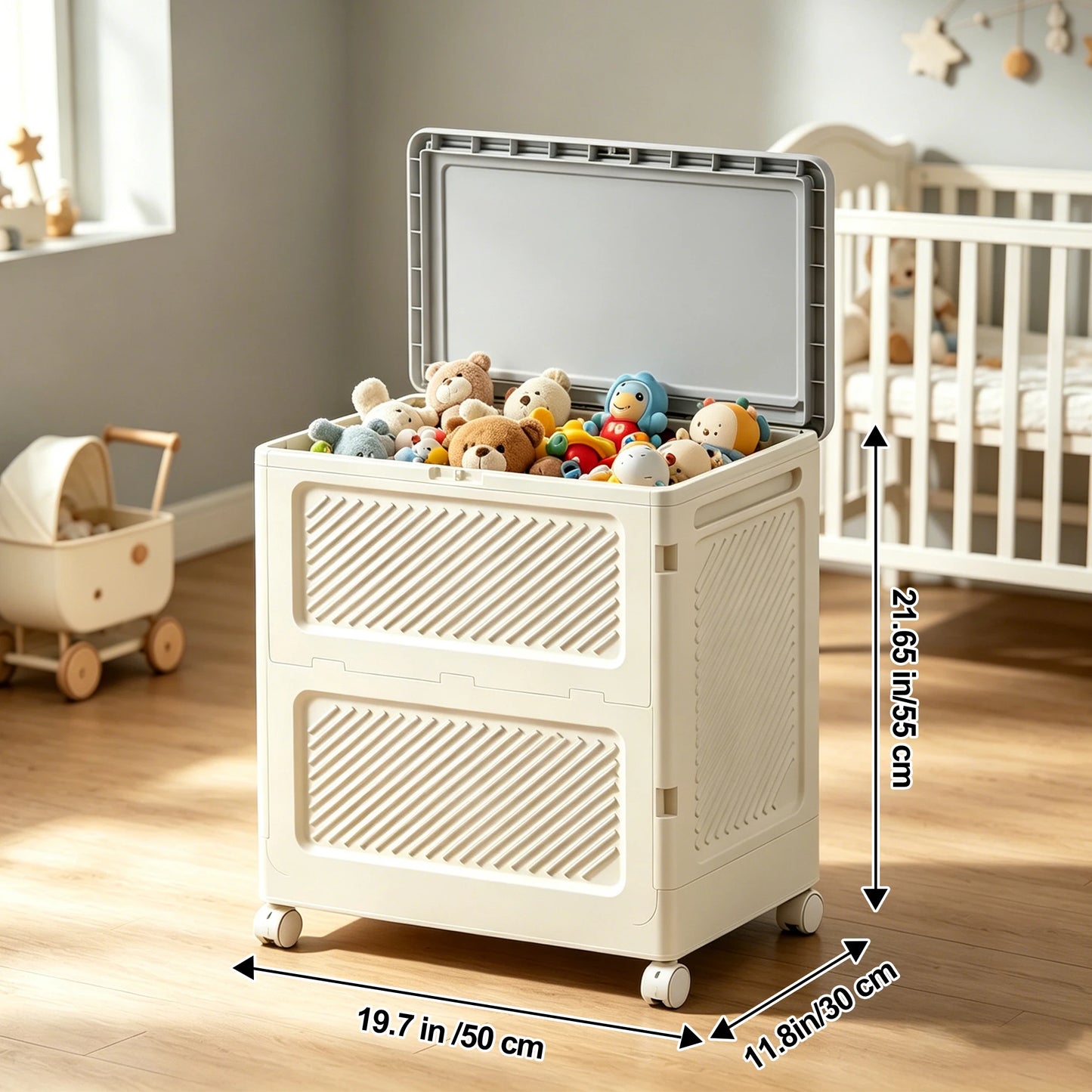 White Foldable Storage Bin with Wheels, Large Capacity Stackable Storage Box with Lid for Clothes, Toys, Blankets