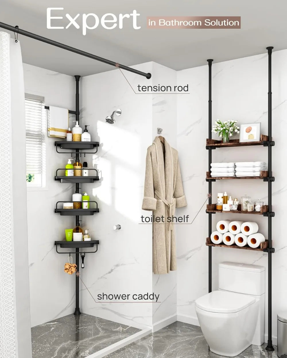 Corner Shower Caddy Tension Pole, 34-116 Inches, Rustproof Stainless Steel & 4-Tier Adjustable Shelves, Black