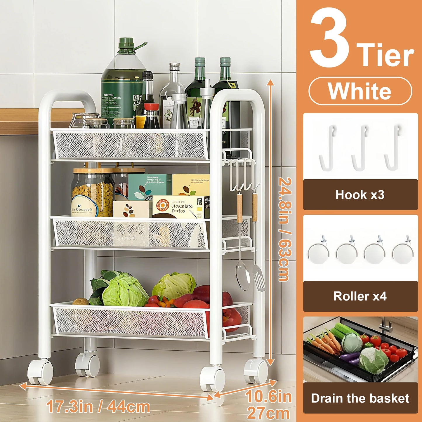 Cart With Drain Basket, Mobile Shelving Unit Rolling Utility Cart, Rolling Cart, Rolling Pantry Organizers, Kitchen Organizer,
