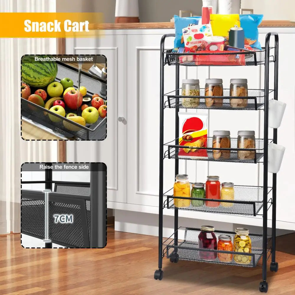 Fruit and vegetable storage basket, 5-layer stackable metal mesh storage basket with wheels, used in kitchen and living room