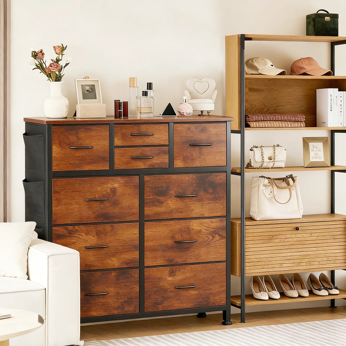 JHK Living Room 10 Fabric Drawers With Side Bag Cabinet Storage Organizer Cabinet Steel Frame Assembly Closet For Furniture