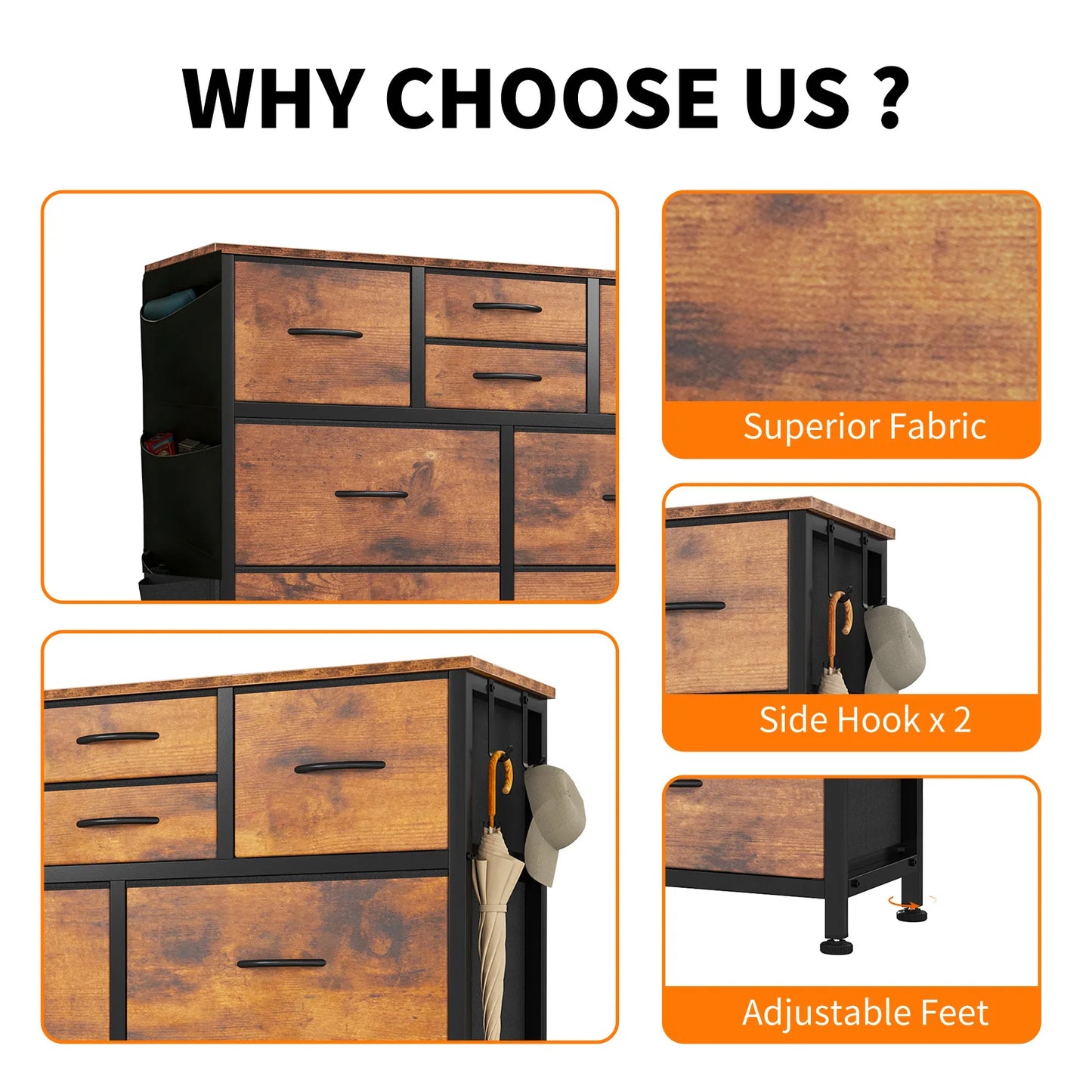 JHK Living Room 10 Fabric Drawers With Side Bag Cabinet Storage Organizer Cabinet Steel Frame Assembly Closet For Furniture