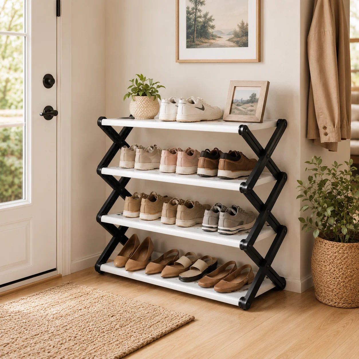 Joybos Foldable Shoe Rack, Space-Saving Entryway Shoe Organizer with Stable X-Frame, PP Shelves & Steel Tubes, No Assembly Needed
