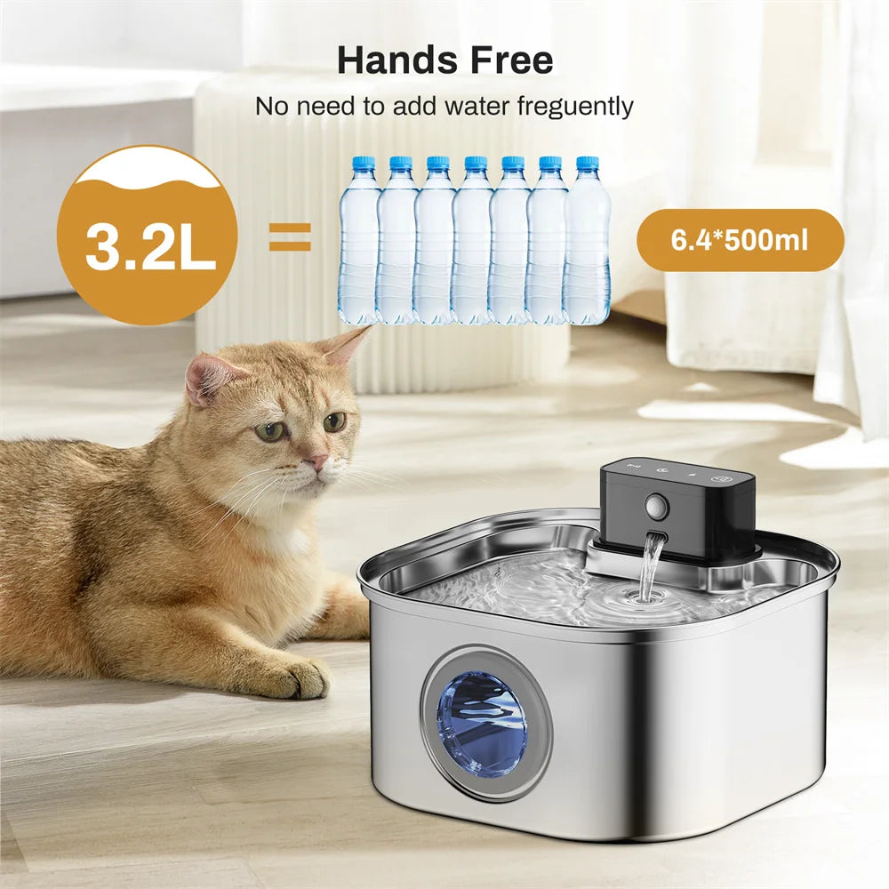 Stainless Steel Cat Water Fountain With 3 Water Modes AutoSensor