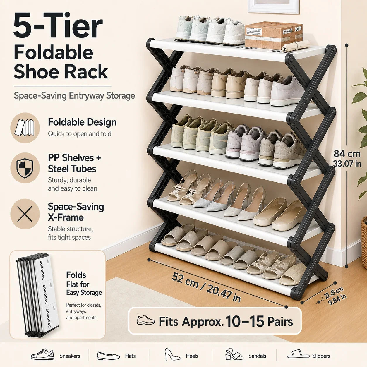 Joybos Foldable Shoe Rack, Space-Saving Entryway Shoe Organizer with Stable X-Frame, PP Shelves & Steel Tubes, No Assembly Needed