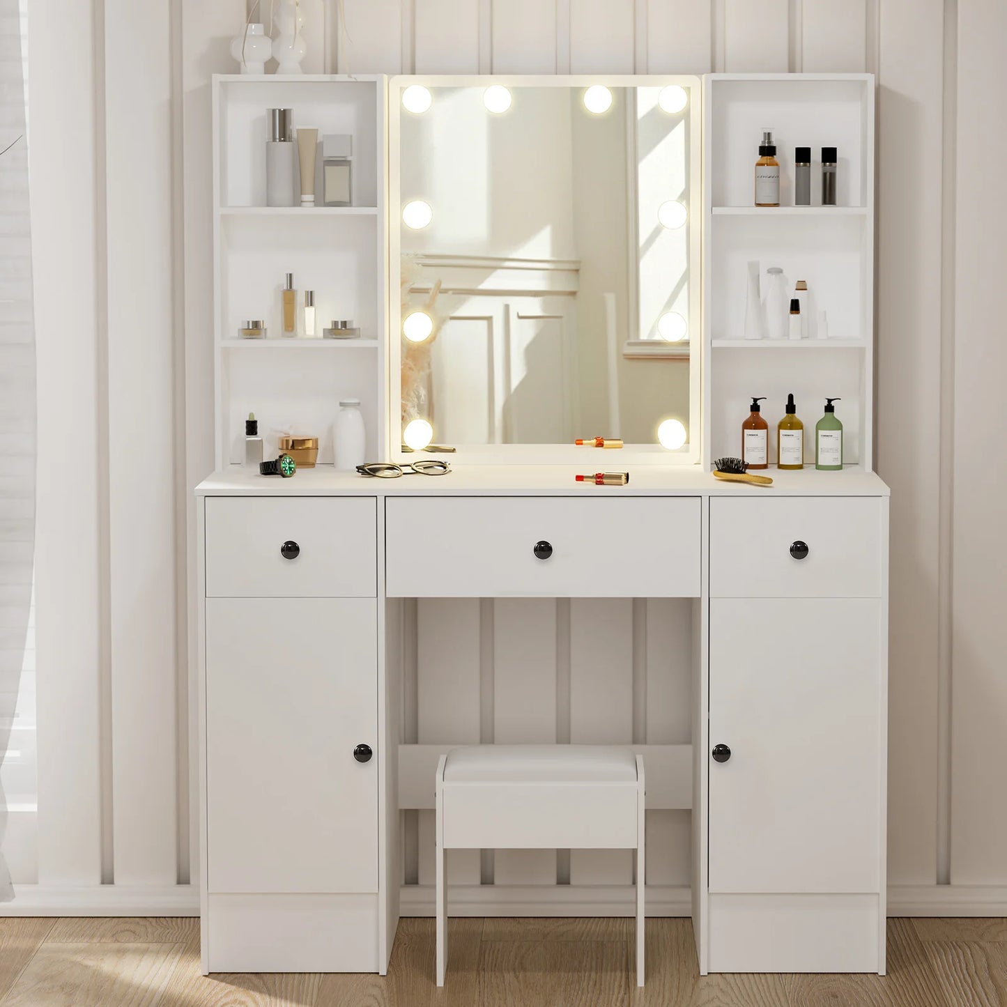 Modern LED Vanity Table Set with Mirror & Stool 3 Color Dimmable Makeup Cabinet 3 Drawer Storage Dresser Desk for Bedroom