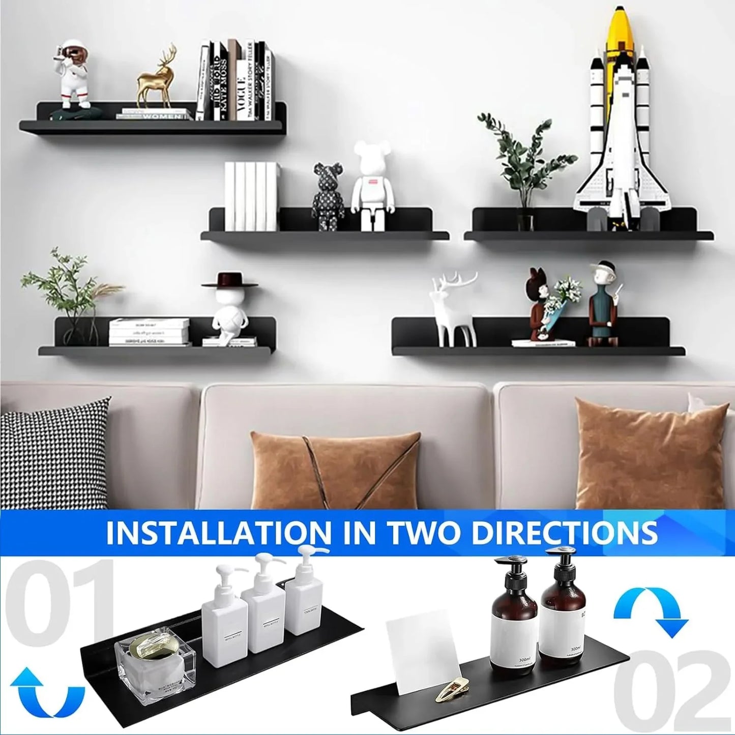 No Drilling Bedroom Decoration Wall Shelves Bathroom Study Living Room Metal Floating Shelves Single-Layer Storage Plants Books