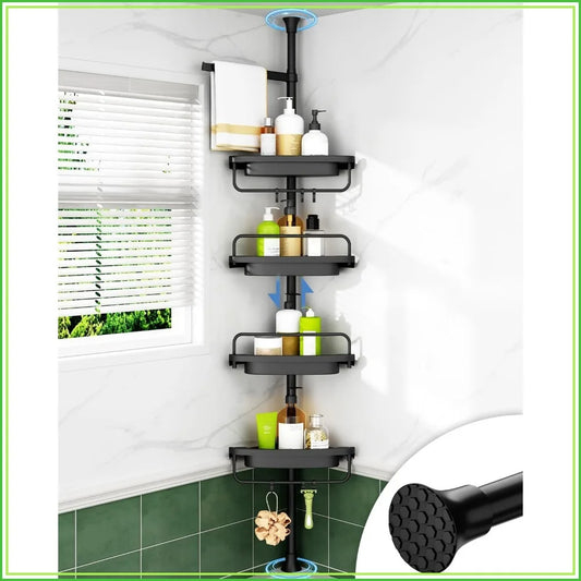 Corner Shower Caddy Tension Pole, 34-116 Inches, Rustproof Stainless Steel & 4-Tier Adjustable Shelves, Black