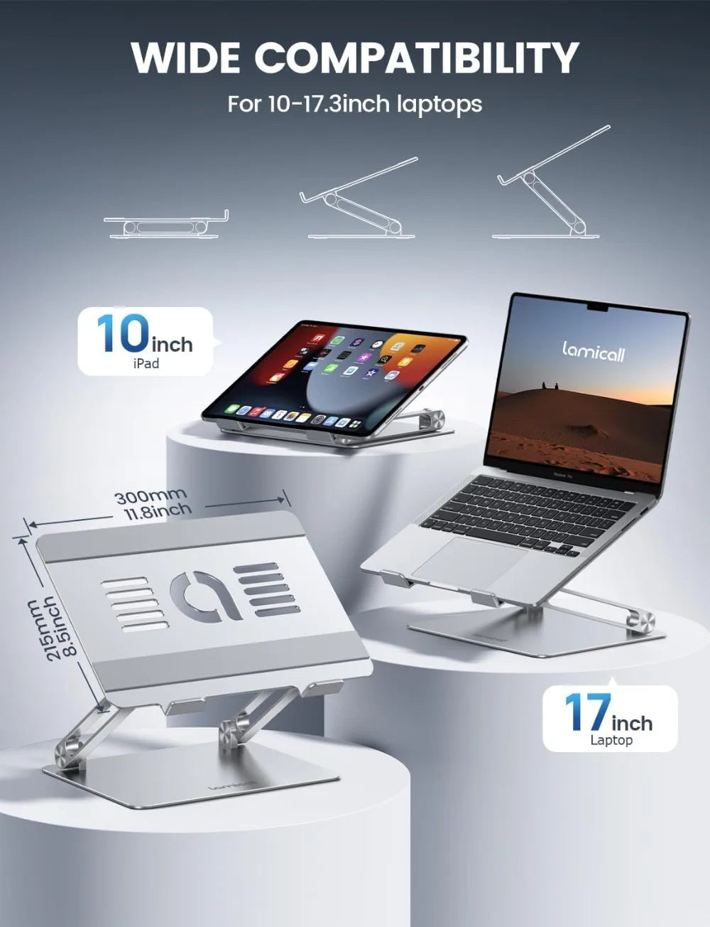 Adjustable Laptop Stand, Portable Laptop Riser, Aluminum Ergonomic Notebook Holder for Desk, Foldable for MacBook Air Pro HP, 10-17.3 inch - Silver