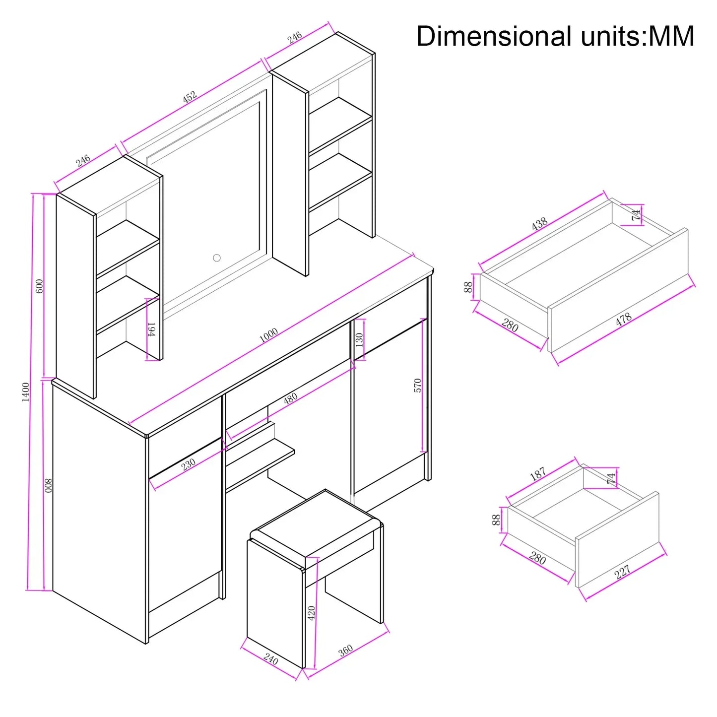 Modern LED Vanity Table Set with Mirror & Stool 3 Color Dimmable Makeup Cabinet 3 Drawer Storage Dresser Desk for Bedroom
