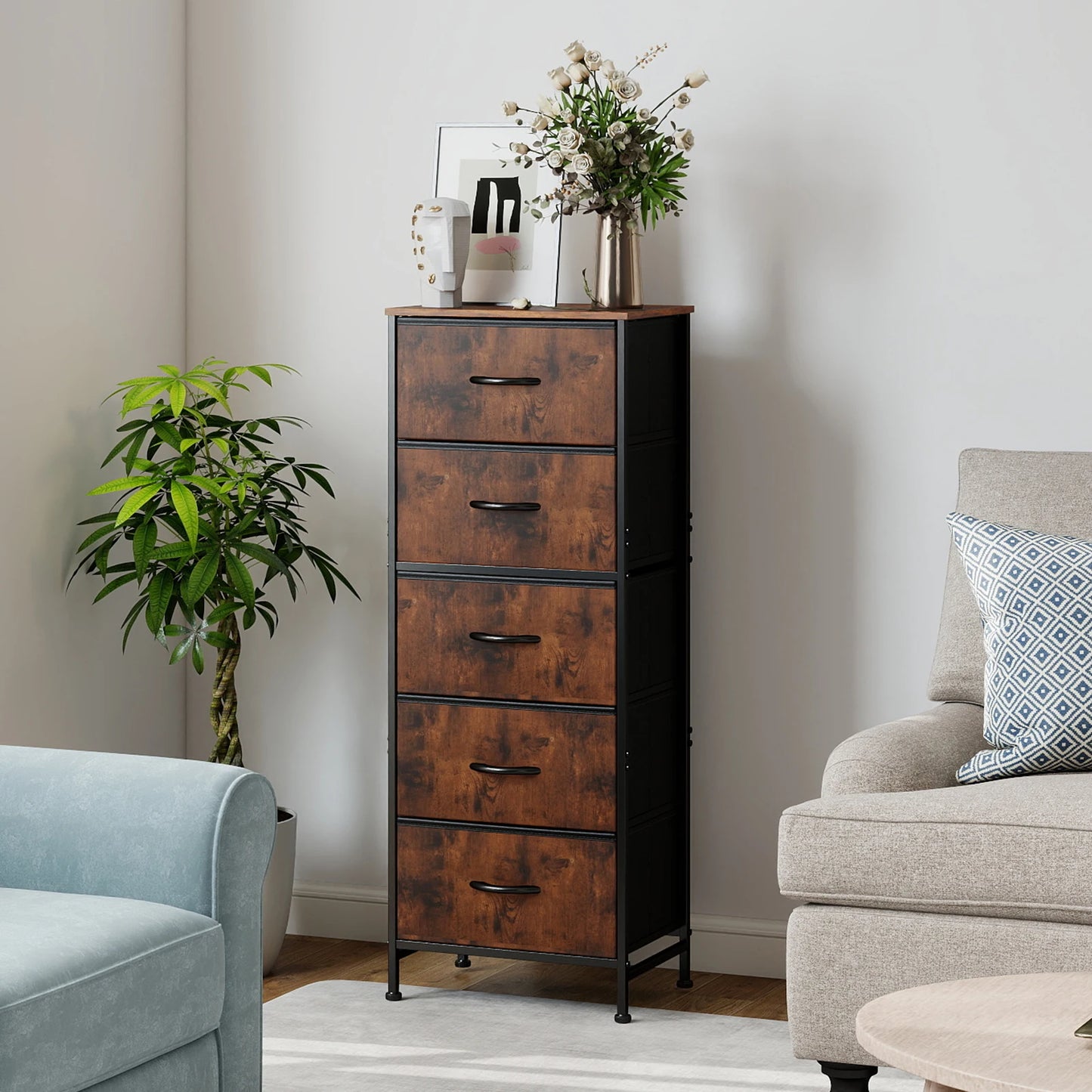 JHK 5 Fabric Drawers Cabinet For Living Room 48IN Drawers Beside Nightstand Tables Storage Closet Chest Clothes Display Of Furni