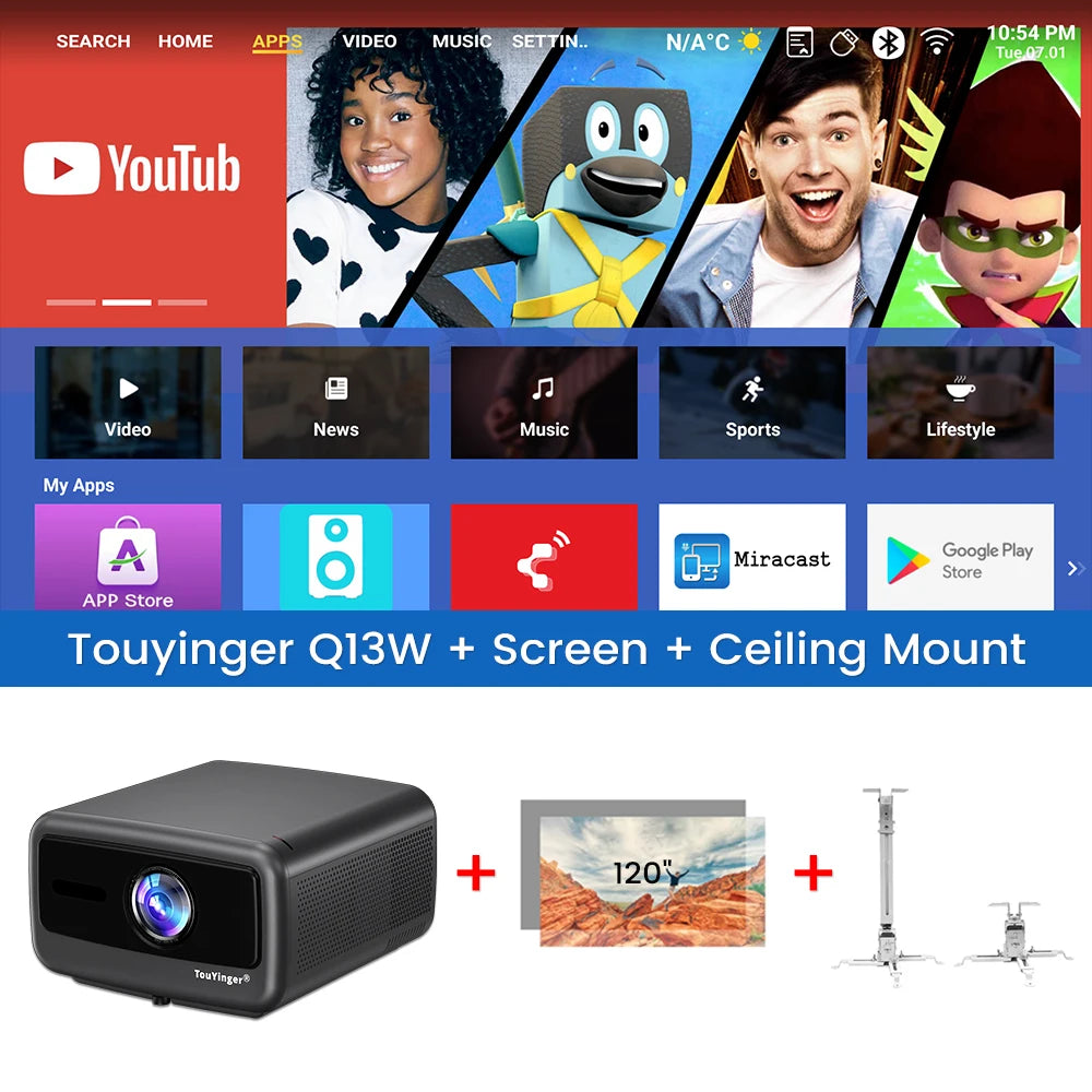 Touyinger Q13W 3800ANSI Full HD 4K Decoder Android 15 Support MEMC Smart TV Home Theater Fully Sealed Optical Projector