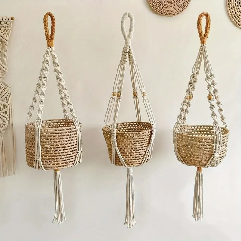 Bohemian Macrame Hanging Planter Basket Storage Net Handwoven Cotton Rope Wall Decor for Plants Garden Wall Net Bag