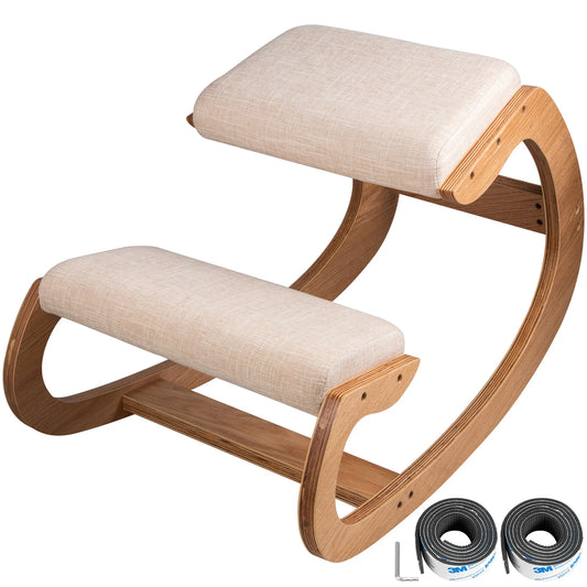SucceBuy Ergonomic Kneeling Chair Stool W/ Thick Cushion Home Office Chair Improving Body Posture Rocking Wood Computer Chair