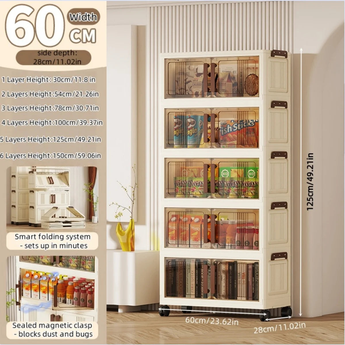 Foldable storage cabinet - movable multi-level double-door storage cabinet - living room and kitchen transparent storage box