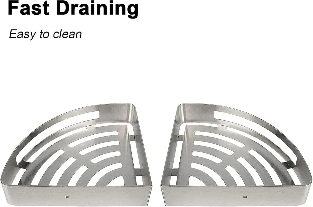 2-Pack Shower Caddy, 304 Stainless Steel Corner Shelf with Hooks, No Drill, Brushed Nickel